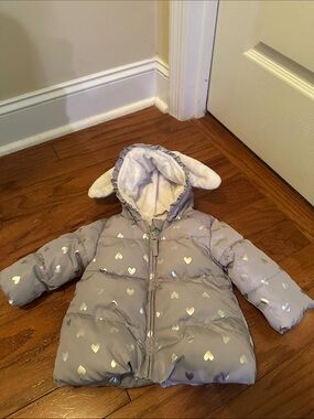 Toddler Metallic Heart Hooded Puffer Jacket - Light Gray
